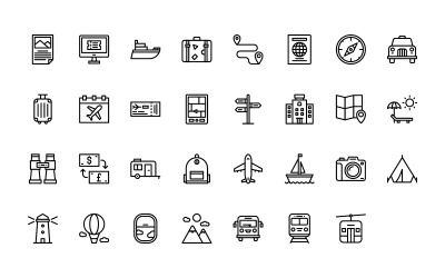 Gebrauchsfertiges Icon-Set für Reisen und Tourismus im Outline-Stil