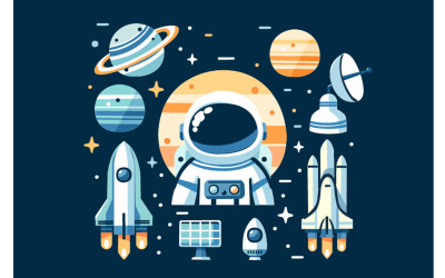 Elementos De Desenho Animado De Planetas Espaciais Astronauta ilustração