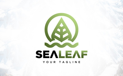 Design del logo con foglie di acqua di mare e sole