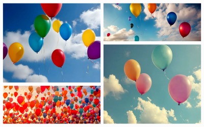Samling Av 4 Flygande Ballonger I Himlen Bakgrund
