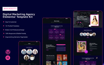 Brandzfy - Kit de modèles Elementor pour agence de marketing numérique sombre