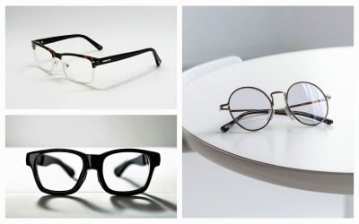Colección de 3 anteojos sobre un fondo de mesa blanco