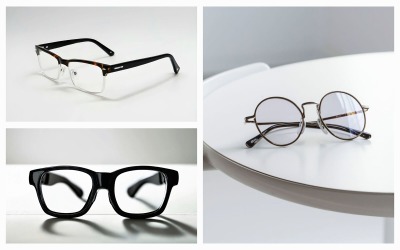 Sammlung von 3 Brillen auf einem weißen Tischhintergrund