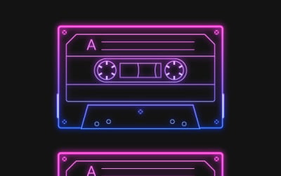 Неоновая ретро аудио розовая кассета, набор векторных иллюстраций