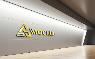 3D-макет золотого логотипа на серой стене офиса