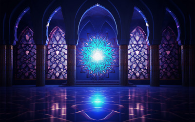 Mosque front background with neon light_mosque inside view