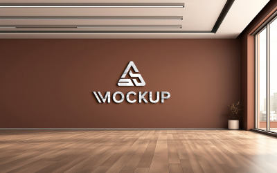 3d metal logo mockup on brown wall psd