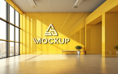 Logotypmodell på gul vägg