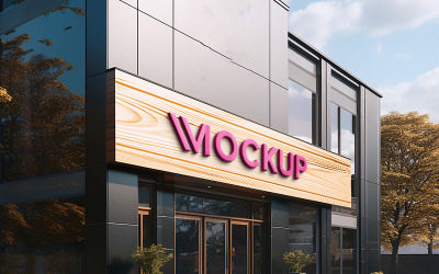 Minimalist facade sign cyan logo mockup front sign 3d logo mockup
