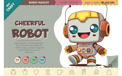 Veselý kreslený robot. Tričko, PNG, SVG.