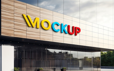 Maquete de logotipo 3D colorido realista na frente da loja psd maquete 3D de cor amarela azul vermelha