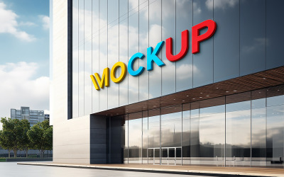 Panneau de façade de bâtiment réaliste maquette de logo 3d colorée psd jaune bleu rouge maquette 3d