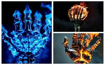 Colección de 3 manos de esqueleto con plantilla de ilustración circundante de fuego