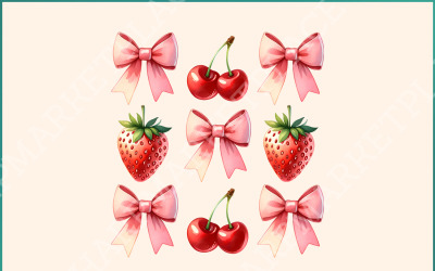 Coquette Cherry Bow PNG, Strawberry PNG Bundle - Coquette Pink Bows &amp;amp; Fruits Design, Soft Girl