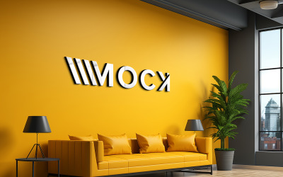 3D perspektiv gul vägg logotyp mockup
