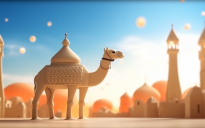 Camel on desert with mosque and palm tree sunny day 03