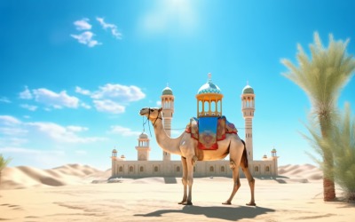 Camel on desert with mosque and palm tree sunny day 13