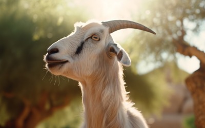 Close up of a beautiful goat with brown hair Eyes closed Trees in the desert 01