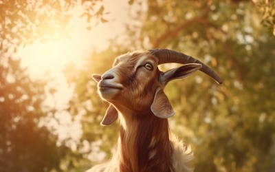 Close up of a beautiful goat with brown hair Eyes closed Trees in the desert 02