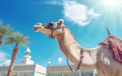 Camel on desert with mosque and palm tree sunny day 23