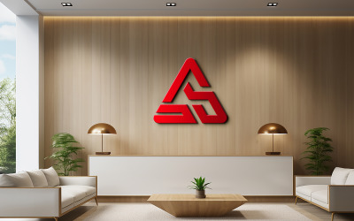 3d ofis resepsiyon masası kırmızı logo maket tasarımı psd