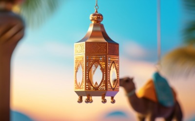 lykta islamisk konst, kamel på öknen med moské 04