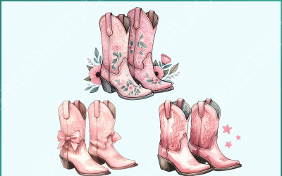 Coquette Cowgirl PNG Bundle: Pink Ribbon Tee, Cowgirl Boots, Pink Bow, Western Sublimations