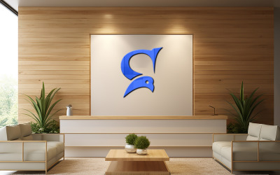Reception desk wooden wall logo mockup