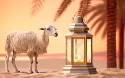 moutons sur le désert avec lanterne art islamique en arrière-plan 08