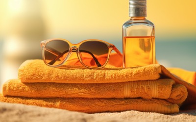 Stapel handdoeken, zonnebril en fles zonnebrandolie 093