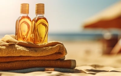 Hromada ručníků, slunečních brýlí a lahvičky s opalovacím olejem 096
