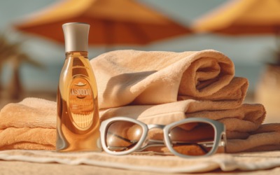 Hög med handdukar, solglasögon och flaska för sololja 097