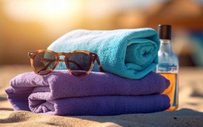 Pila de toallas, gafas de sol y botella de aceite bronceador 099