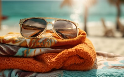 Stack of towels, sunglasses and tanning oil bottle 107