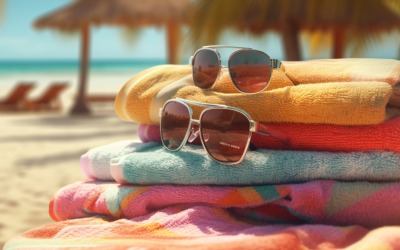 Stack of towels, sunglasses and tanning oil bottle 10