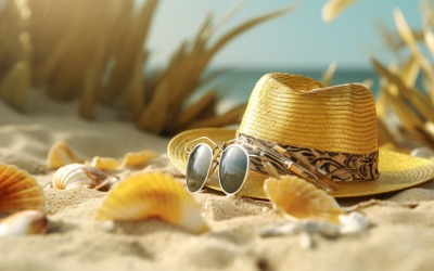 Óculos de sol com chapéu de verão, concha e folha na praia arenosa 040