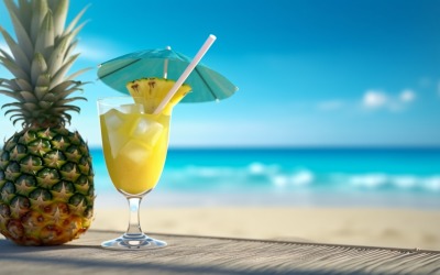 Ананасовый напиток в коктейльном бокале и сцена на песчаном пляже 129