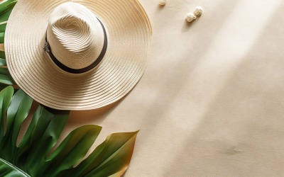 beach accessories hat sunglasses seashells and monstera leaf 155