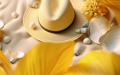 beach accessories hat sunglasses seashells and monstera leaf 160