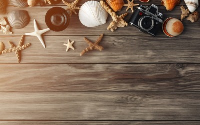 Beach accessories starfish and seashell on wooden background 206