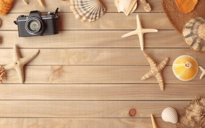 Beach accessories starfish and seashell on wooden background 207