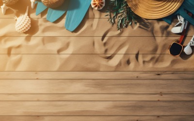 Beach accessories starfish and seashell on wooden background 208