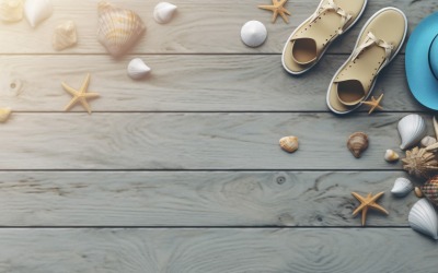 Beach accessories starfish and seashell on wooden background 211