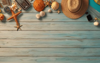 Beach accessories starfish and seashell on wooden background 213