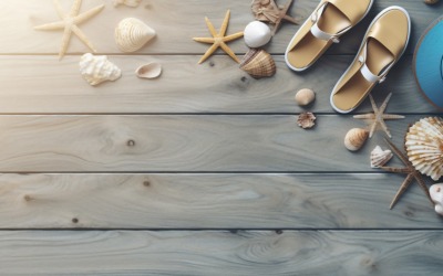 Beach accessories starfish and seashell on wooden background 214