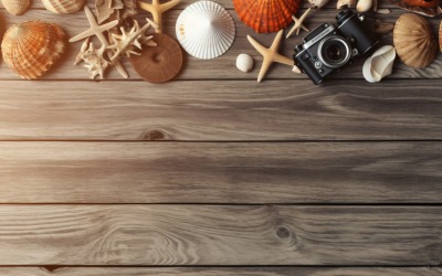 Beach accessories starfish and seashell on wooden background 216