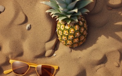 Halbierte Ananas und eine Sonnenbrille im Sand 169