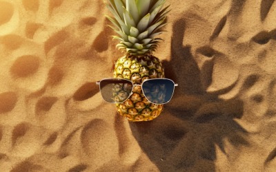 Halved pineapple and a sunglass kept on the sand 172
