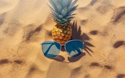 Halved pineapple and a sunglass kept on the sand 177