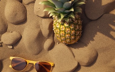 Halved pineapple and a sunglass kept on the sand 180